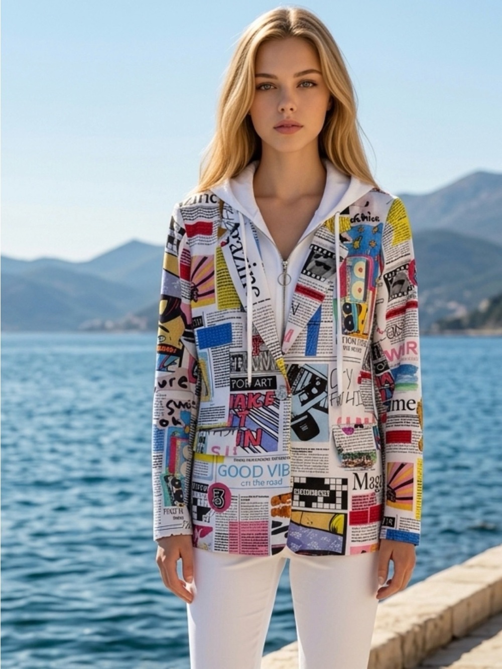 Multicolor Graphic Newspaper-Print Zip Hoodie Blazer
